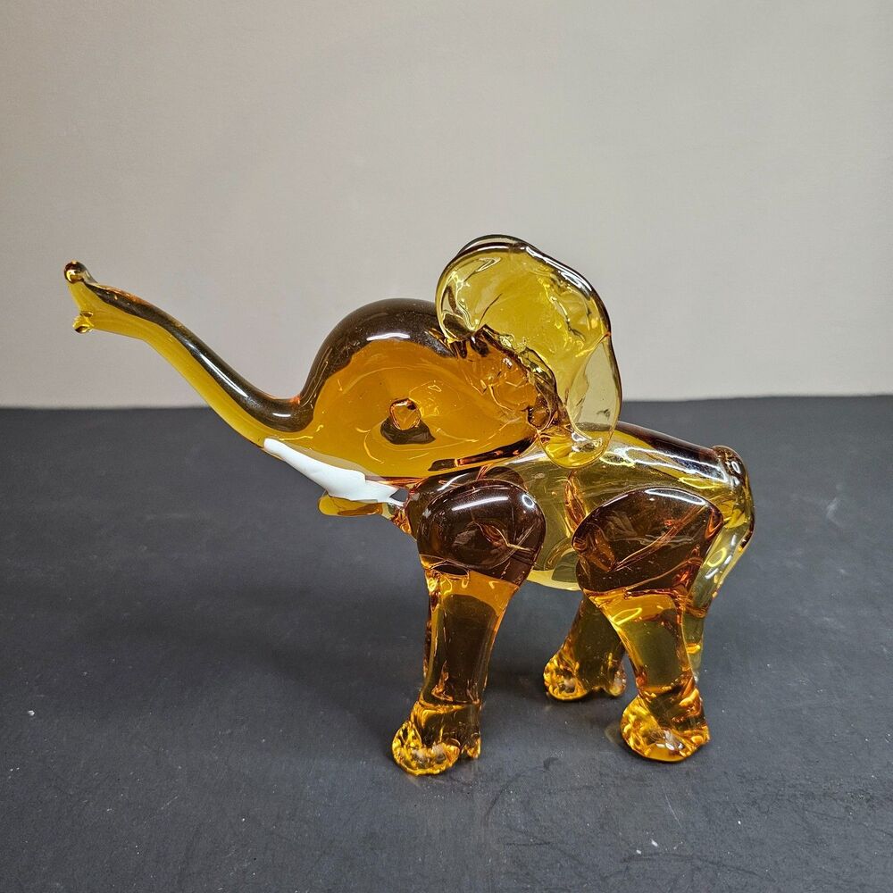 Vtg Murano Glass Elephant Amber Yellow Venetian Figurine Mid-Century 6"